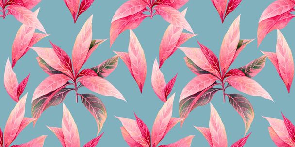 Watercolor painting colorful tropical leaf,pink leaves seamless pattern background.Watercolor hand drawn illustration tropical exotic leaf prints for wallpaper,textile Hawaii aloha summer style - Photo, image