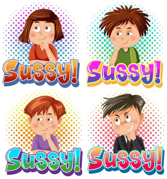 Sussy text word banner comic style with cartoon character expression illustration - Vector, Imagen