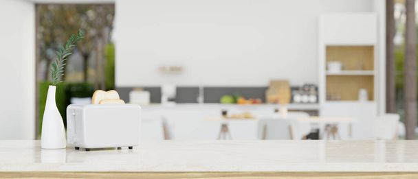 Moderne weiße Tisch- oder Arbeitsplatte mit weißer Keramikvase, Toaster und Mockup-Platz für die Montage Ihrer Produktpräsentation vor verschwommenem weißen Eleganz-Küchenhintergrund. 3D-Darstellung, 3D-Illustration - Foto, Bild