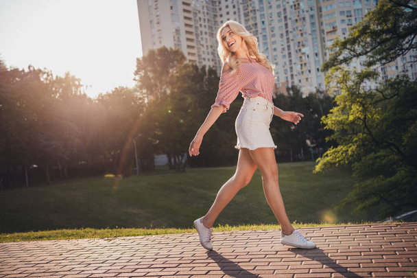 Full size profile portrait of gorgeous positive lady walking have good mood free time outside. - Zdjęcie, obraz