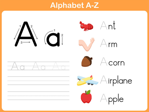 Αλφάβητο ιχνογράφησης φύλλο εργασίας: Γραφή A-Z - Διάνυσμα, εικόνα