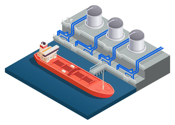 Gas industry isometric composition with water carrier ship bunkering in liquefied natural gas terminal vector illustration - Vektori, kuva