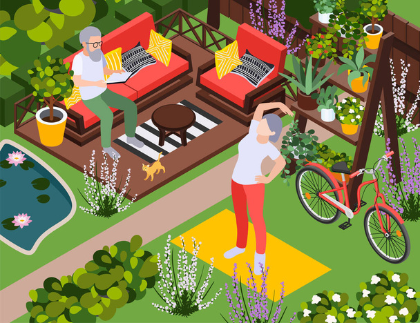 Senior cuidado de la salud saludable envejecimiento composición con paisaje jardín patio trasero al aire libre y pareja anciana durante actividades de ocio vector ilustración - Vector, Imagen