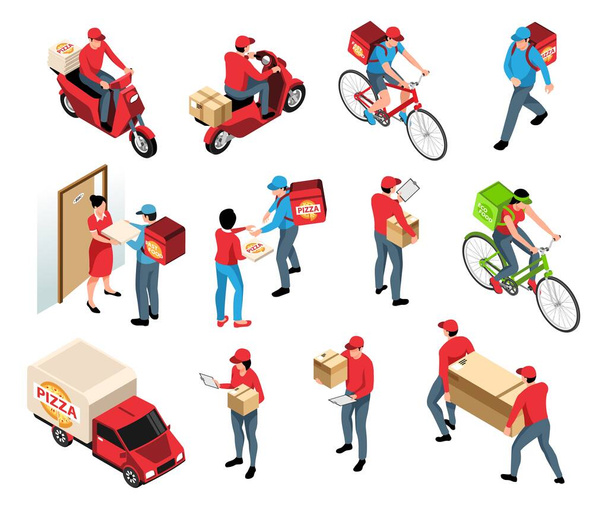 Delivery isometric set of couriers with parcels riding scooter bicycle delivering order isolated 3d vector illustration - Vector, Image