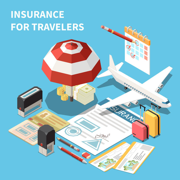 Embassy services and support isometric background including registration of insurance for travelers in hotel and transfer vector illustration - Vector, Image