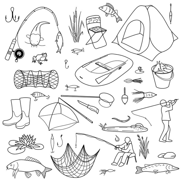 contour drawings, fishing elements set. fisherman, fishing rod, landing net, fish, tent, inflatable boat, bucket with fish, keys, bait yater net lake boots floats - Vector, imagen