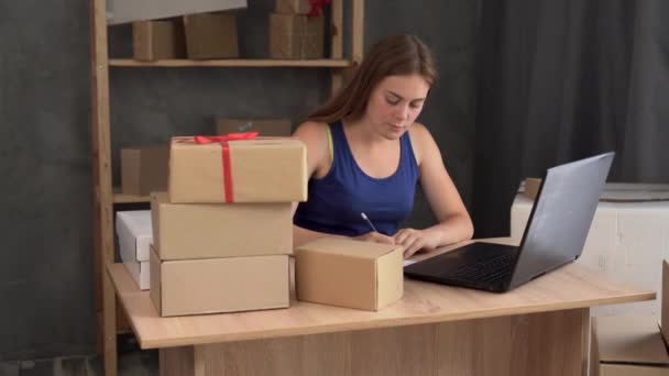 small business start-up entrepreneur, small and medium business freelancer working with a box, young girl owner takes an order online through the form on the site - Filmati, video