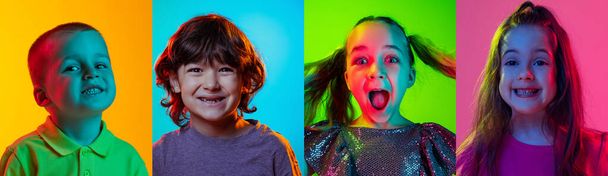 Smiling, laughing. Flyer with set of images of cute kids, boys and girls isolated on multicolored background in neon light. Positive emotions, facial expression and childhood, ad concept. - Foto, Bild