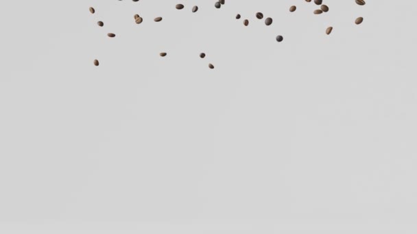 Caduta chicchi di caffè su sfondo bianco con ombre animazione rendering 3D. Flying floating arabica grani espresso cappuccino cappuccino bevande calde vendita Caffetteria consegna prodotto pubblicità promo 4K - Filmati, video
