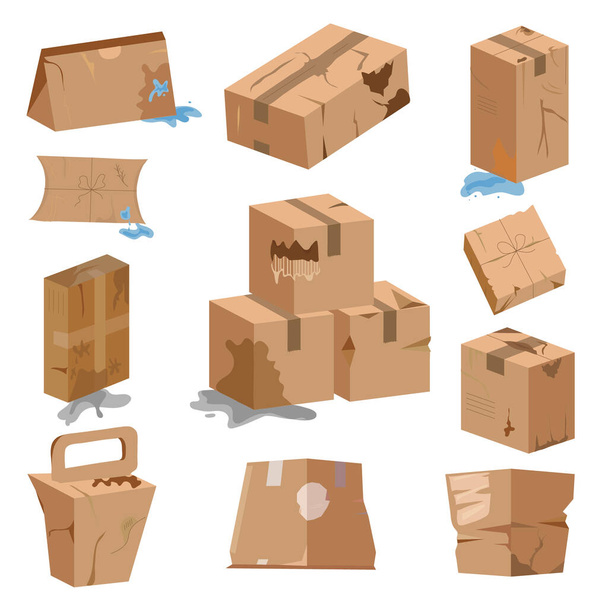 Hasarlı karton kutular, teslimat paketleri. Kırık, ıslak, yırtık karton kutu taşıyıcı illüstrasyon seti. Karton hasarlı karton paket - Vektör, Görsel