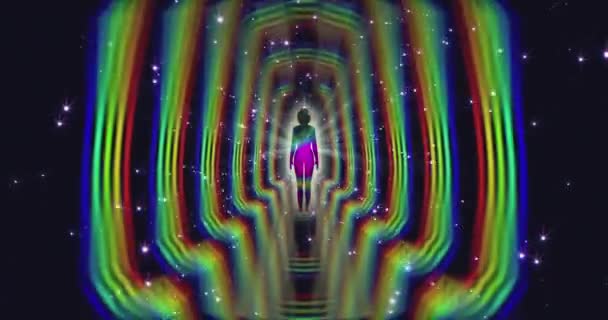 A looped 3D animation of the enlightenment of the multi-colored energy of the human aura fields forming diverging patterns around the meditating person. Video for VJing. High quality 4k footage - Materiał filmowy, wideo