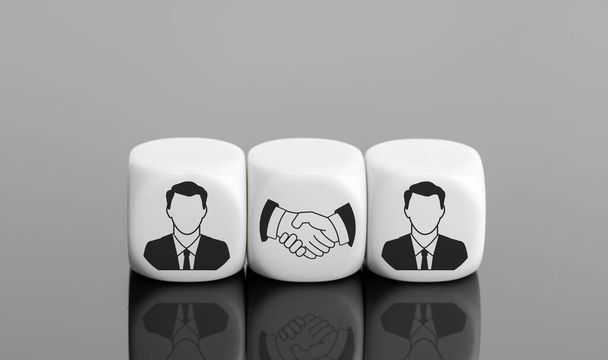 Anlaşma, ortaklık veya anlaşma konsepti. Beyaz bloklarda iş adamı simgesi ve tokalaşma simgesi. Boşluğu kopyala - Fotoğraf, Görsel