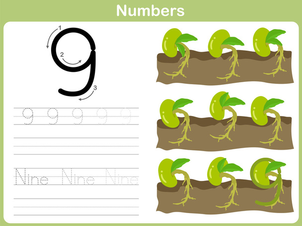 Nummer traceren werkblad: Schrijven van 0-9 - Vector, afbeelding