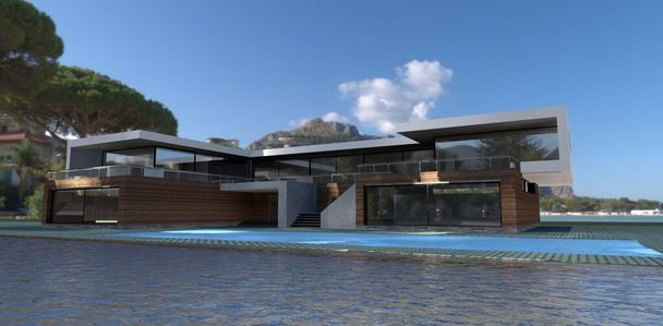 Schöne moderne Villa mit Pool auf einer Insel in einem Waldsee. Strahlend blauer Himmel Sonnenblende auf einer Holzfassade. 3D-Darstellung. Relevant für Designer, die Trends im Bereich Wohndesign und -bau erkunden. Gutes Bild für Immobilien-Webseiten.  - Foto, Bild