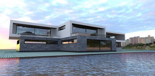 Modernes High-Tech-Haus am Ufer des Michigansees in den USA im Morgengrauen. Die Strahlen der aufgehenden Sonne werden im Wasser reflektiert. 3D-Darstellung. Relevant für Designer, die Trends im Bereich Wohndesign und -bau erkunden. Gutes Bild für Immobilien-Webseiten.  - Foto, Bild