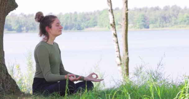Крупним планом знімок молодої жінки, що практикує йогу в природі. Сідайте на зелену траву поруч з деревом і лісовим озером. Спілкуватися для фізичних вправ і підтримувати хороше здоров'я. Високоякісні 4k кадри
 - Кадри, відео