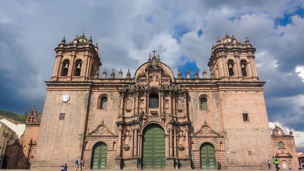 Cusco, Peru - Feb. 4, 2017: Cathedral of Santo Domingo, is the mother church of the Roman Catholic Archdiocese of Cusco at the Plaza de Armas Square in Cusco, Peru, South America. Front view - Photo, Image