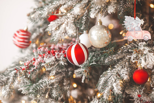 Christmas background. Xmas interior. Home celebration. Christmas design of interior. Closeup christmas balls. - Photo, image