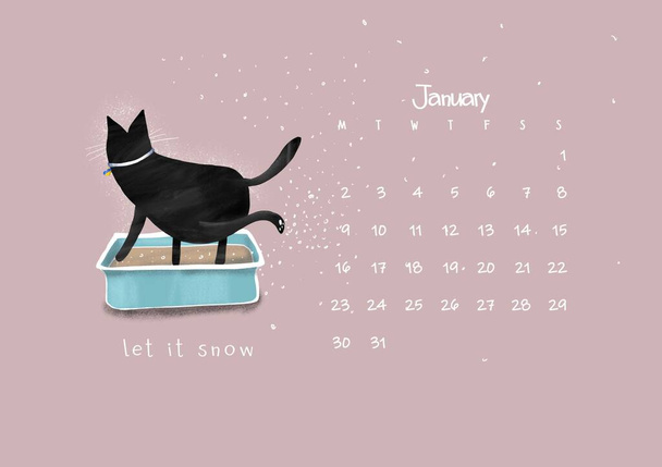 Cartoon black cat with cat litter box and the inscription "let it snow". Calendar 2023 January - Photo, Image