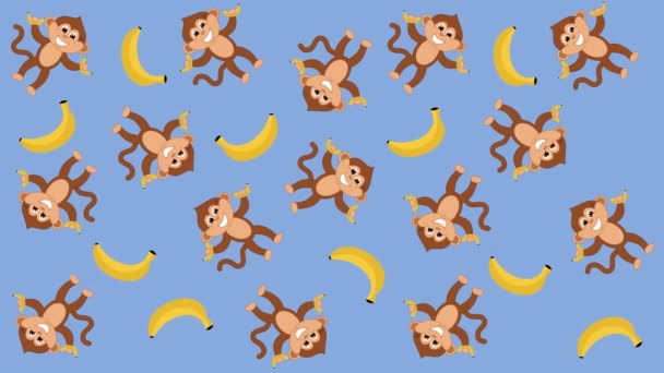 Several monkeys with bananas in random movements on a blue and green background - animation - Záběry, video