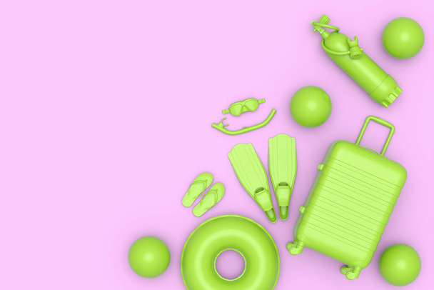 Colorful suitcase or baggage with beach accessories like scuba, ball, diving tank and goggles on monochrome pink background. 3D render of summer vacation concept and holidays - Valokuva, kuva