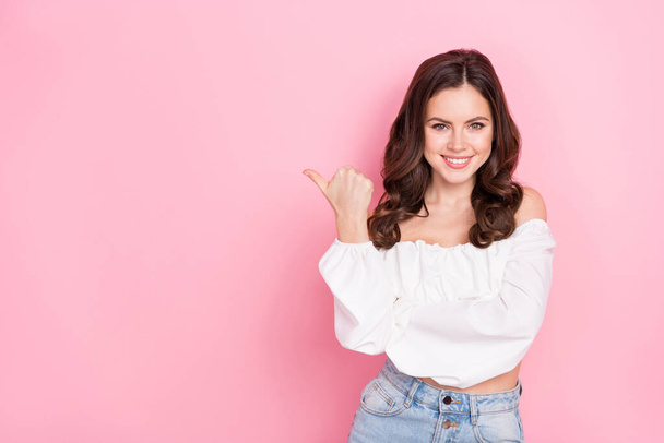 Photo of young adorable cute cheerful lady promote shopping season bargains isolated on pink color background. - Fotografie, Obrázek