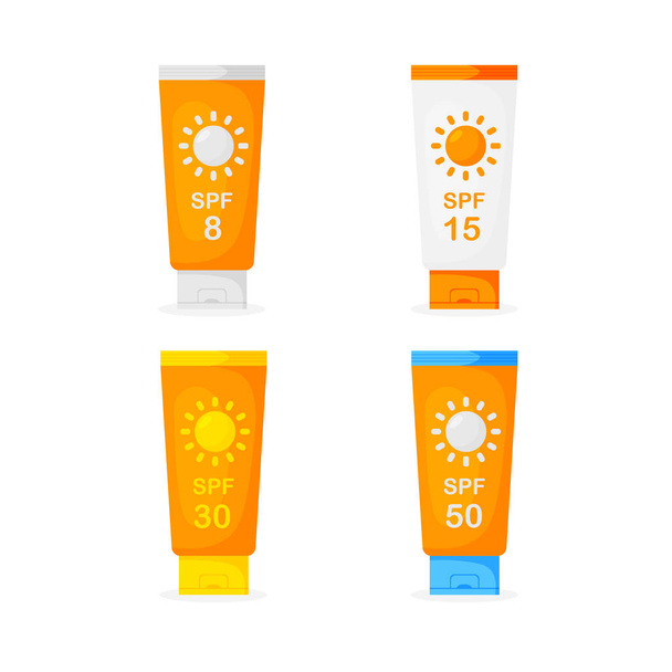 Set de protector solar tubo crema hidratante en estilo plano de moda. SPF 8, 15, 30, 50. Protección para la piel de la luz ultravioleta solar. Plantilla de embalaje Ilustración vectorial. - Vector, imagen