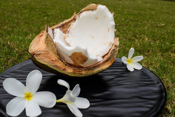 Наполовину сломанный кокос. Свежие зеленые кокосовые фрукты органически съедобные. нежная мякоть кокосов тропическая тема. Целлюлоза кокоса - Фото, изображение