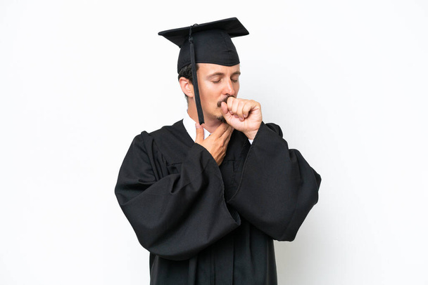 Young university graduate man isolated on white background is suffering with cough and feeling bad - Foto, afbeelding