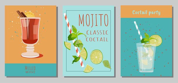 Coctails set paintings for party and celebration. Mojito and mulled wine alcohol beverages on colorful background - Vettoriali, immagini
