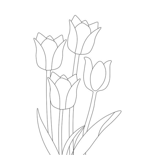 niños para colorear página de dibujo de flor de tulipán con bosquejo de trazo blanco y negro - Vector, imagen