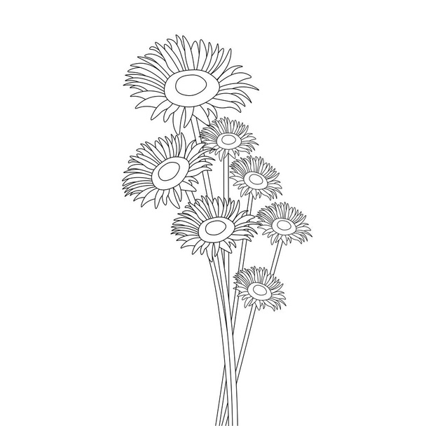 sunflowers bloom coloring book page artwork graphic on monochrome black and white background - Vettoriali, immagini