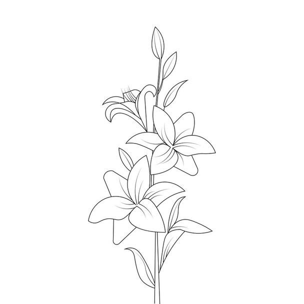 lily flower with bud decorative vintage coloring page outline design on white background - Vetor, Imagem