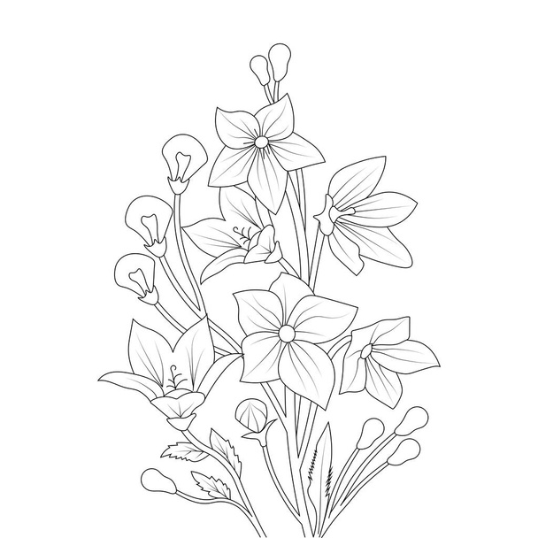 balloon flower coloring page line art with blooming petals and leaves illustration - ベクター画像