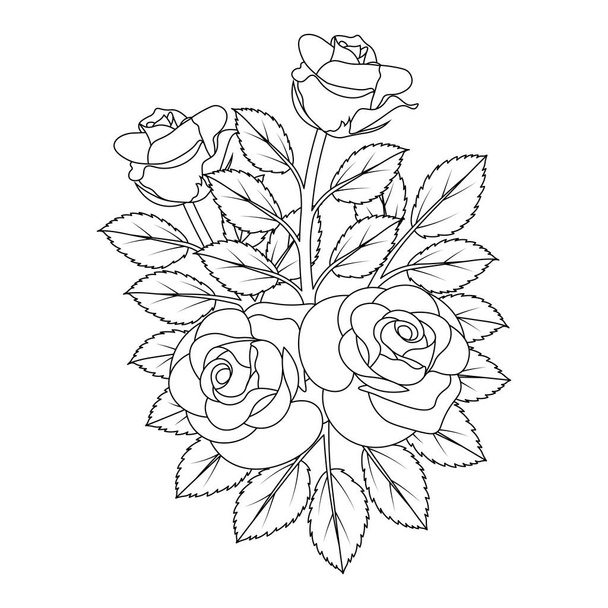 rose flower line art illustration design of black and white coloring page - Vector, Image