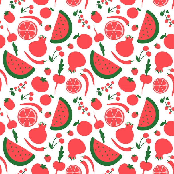 Seamless pattern with hand drawn red fruits vegetables berries. Fresh doodle cherry apple beetroot watermelon tomato pomegranate chilli. Vegetarian healthy farm local organic food vector illustration - Vector, Image