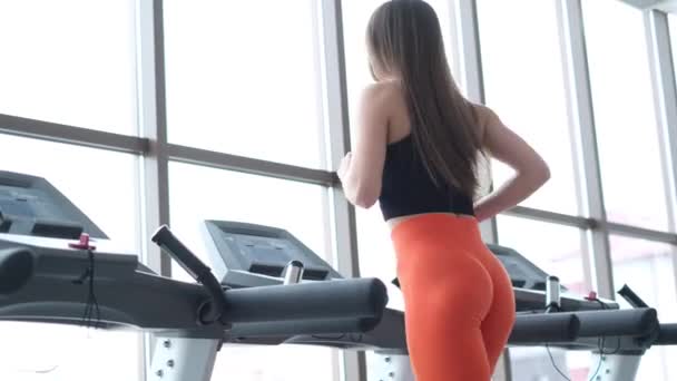 Žena běhající na běžícím pásu v tělocvičně. Zadní pohled na dívčí trénink na běžeckém pásu ve sportovním klubu. Sportovní dívka v oranžových kamaších - Záběry, video