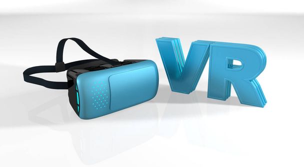 Gafas de realidad virtual negras con azul sobre una superficie reflectante blanca junto a letras azules VR contra blanco. Ilustración 3D - Foto, imagen