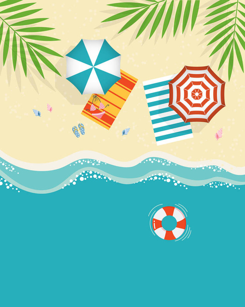 Top view seascape, beach umbrellas, inflatable balls, shells and tropical leaves on the sandy shore. Travel concept. Illustration, vector - Vector, imagen