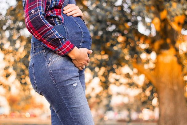 Hermosa mujer embarazada tocando su vientre con las manos
 - Foto, imagen