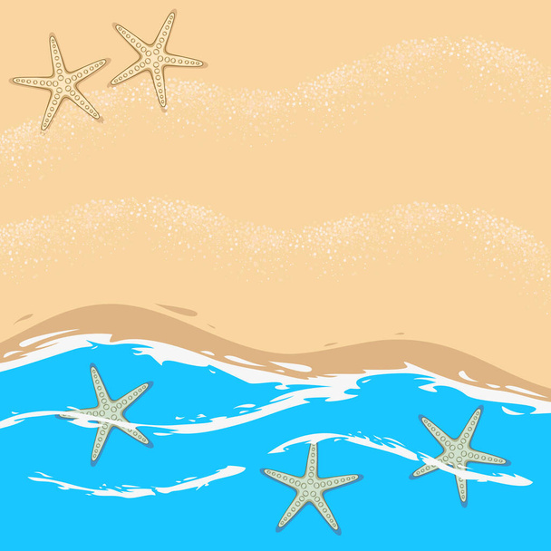 Illustration with sea, waves, beach and starfish. Marine vector background. - Вектор,изображение