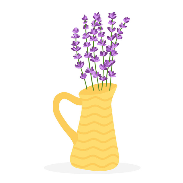 Lavender flowers in a yellow vase. Vector illustration isolated on white background. - Wektor, obraz