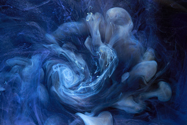Liquid fluid art abstract background. Blue acrylic paint underwater, galactic smoke ocean                                - Valokuva, kuva