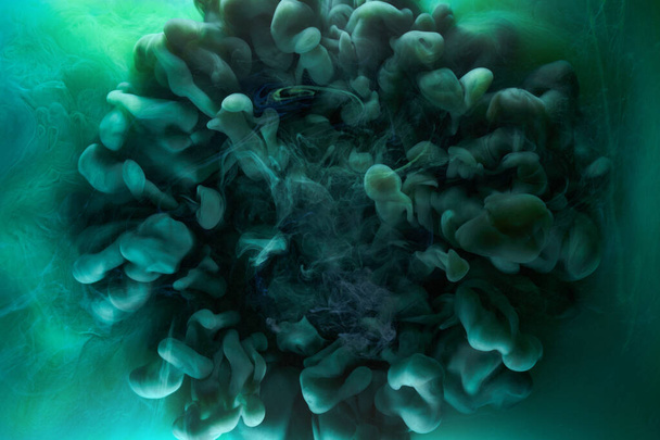 Liquid fluid art abstract background. Blue green acrylic paint underwater, galactic smoke ocean - Φωτογραφία, εικόνα