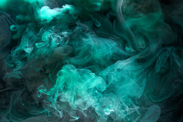 Liquid fluid art abstract background. Blue green acrylic paint underwater, galactic smoke ocean - Foto, Bild