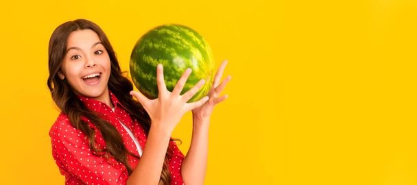 healthy food for children. fructose healthy eating on summer vacation. teen girl having fun. Summer girl portrait with watermelon, horizontal poster. Banner header with copy space - Photo, image