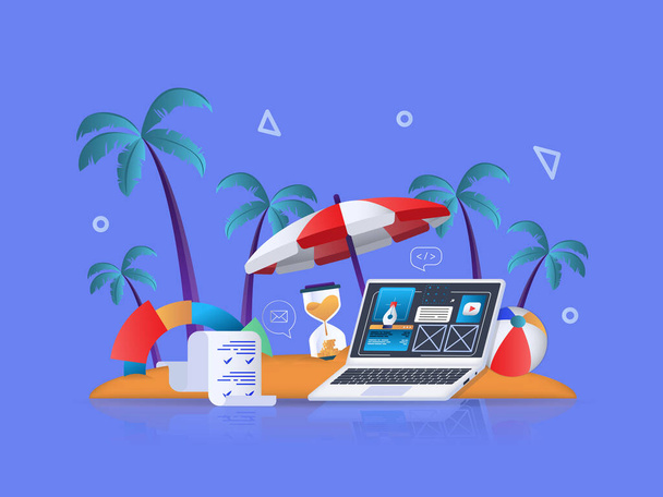 Внештатная концепция 3D-иллюстрации. Иконная композиция с рабочим местом на пляже острова, ноутбук под каблуком, выполнение рабочих заданий онлайн в срок. Иллюстрация современного веб-дизайна - Фото, изображение