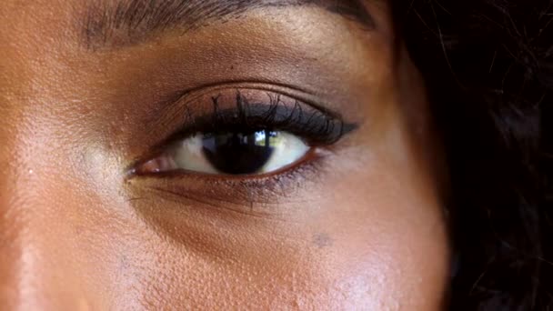 Portret van een zwarte vrouw als slachtoffer van racisme en gendergerelateerd geweld. Close-up op het gezicht en de ogen van een vrouw die wakker blijft en zich radicaal bewust is van onderdrukking, discriminatie en onrecht in de samenleving. - Video