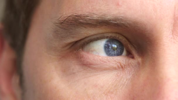 Closeup of a man with an intense stare blinking while looking focused and thinking of ideas. Blue eyes of a male feeling awake, pensive and aware while observing humanity and seeking inspiration. - Video