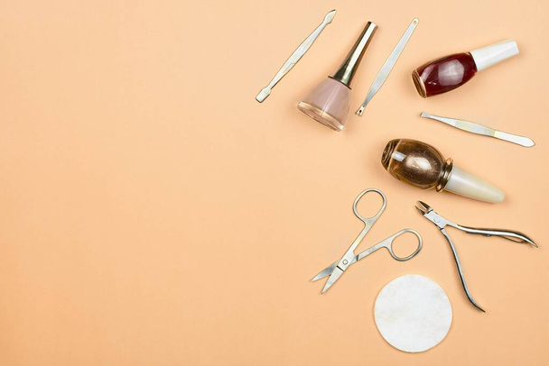 Set of manicure and pedicure tools on trendy pastel background.  - 写真・画像